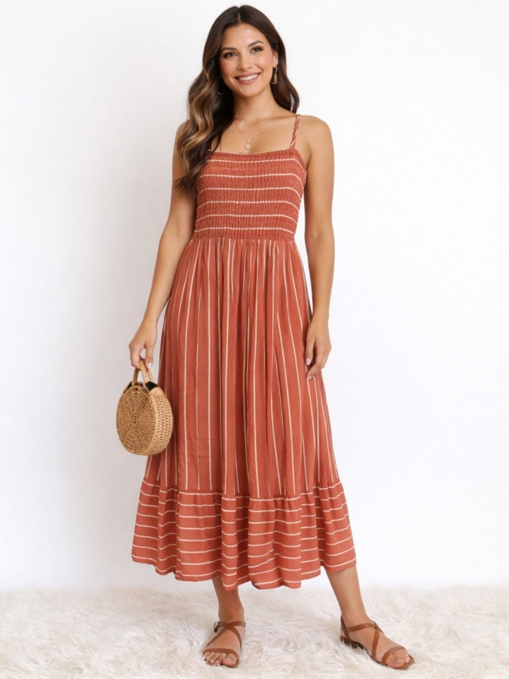 Rust Boho Smocked Midi Dress Striped Cottagecore Summer Size M - Picture 2 of 7